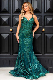 Straps V-Neck Sequin Applique Mermaid Prom Dress