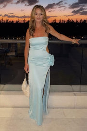 Elegant Light Blue Strapless Satin High Slit Prom Dress