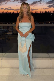 Elegant Light Blue Strapless Satin High Slit Prom Dress