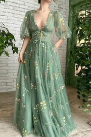 Elegant Green Floral Embroidered Prom Dress with Puff Sleeves