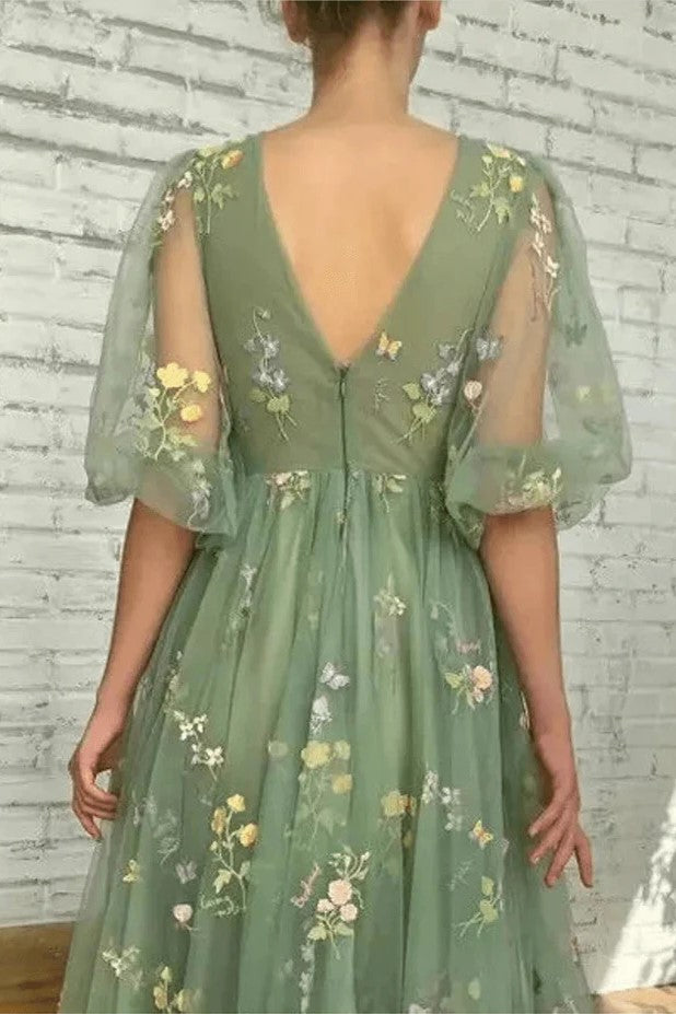 Elegant Green Floral Embroidered Prom Dress with Puff Sleeves