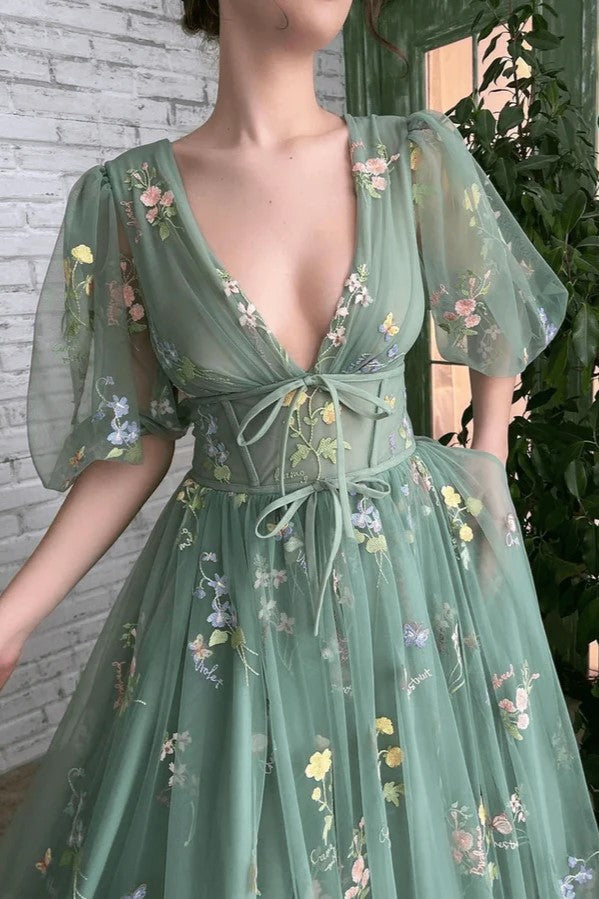 Elegant Green Floral Embroidered Prom Dress with Puff Sleeves