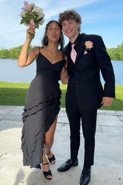 Black V-Neck Asymmetrical Ruffle Prom Dress with Slit