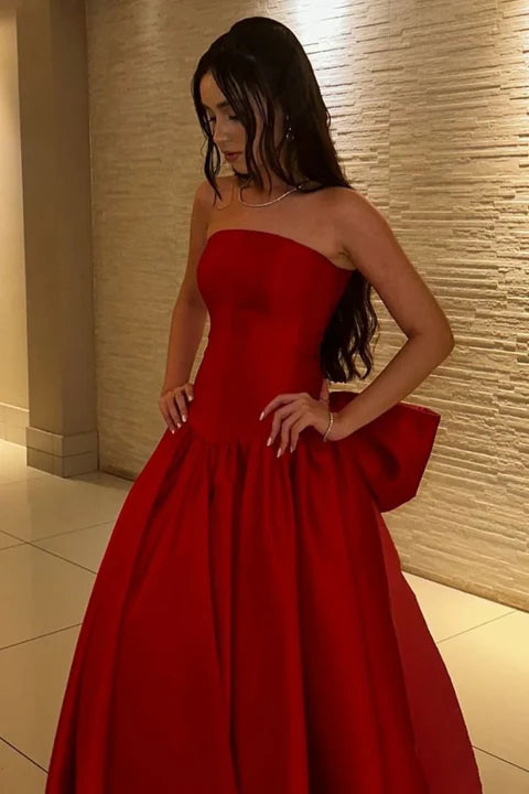Classic Red Strapless Satin A-Line Prom Ball Gown with Bow