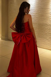 Classic Red Strapless Satin A-Line Prom Ball Gown with Bow