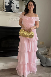 Romantic Off the Shoulder Chiffon Ruffle Tiered Prom Dress