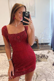 Red Fully beaded Bodycon cocktail dress Short Homecoming Dresses