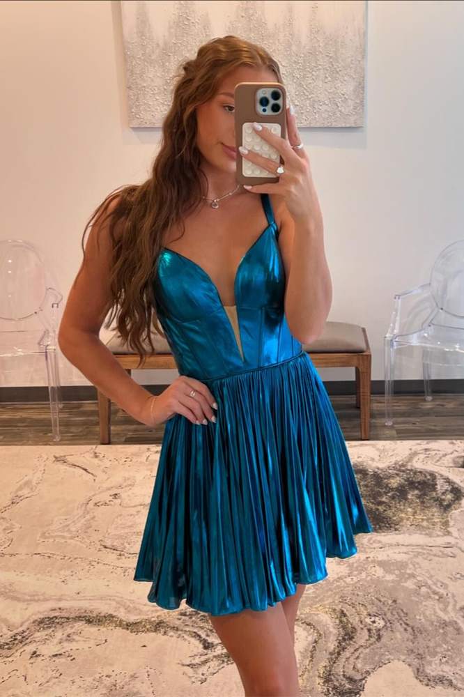 2024 Peacock Blue Pleated V-Neck A-Line Homecoming Dress