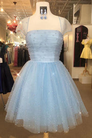 Light Blue Sparkly Short Sleeves Tulle Prom Dress Homecoming Dress