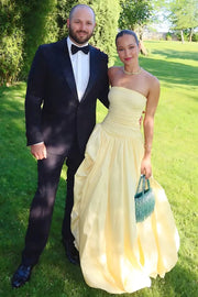 Satin A-Line Pleated Strapless Party Evening Dress With Slit