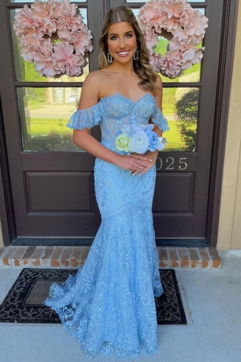 Off-Shoulder Lace Appliques Mermaid Party Prom Dress