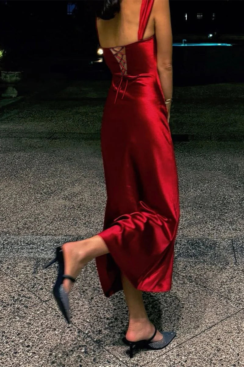 Satin Sweetheart Sleeveless Lace Up Long Party Peom Dress