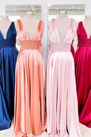 Royal Blue & Fuchsia & Dusty Pink & Pink Floral V Neck A-line Satin Long Prom Dress