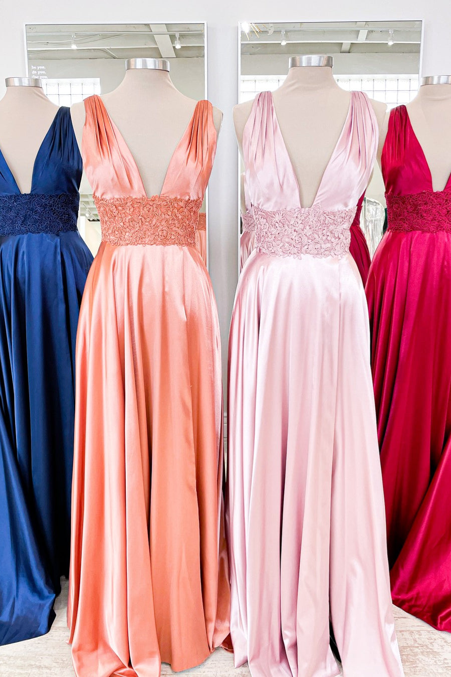 Dusty Pink Floral V Neck A-line Satin Long Prom Dress | Joyofdress Dusty Pink Floral V Neck A-line Satin Long Prom Dress | Joyofdress