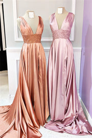 Dusty Pink & Pink Floral V Neck A-line Satin Long Prom Dress