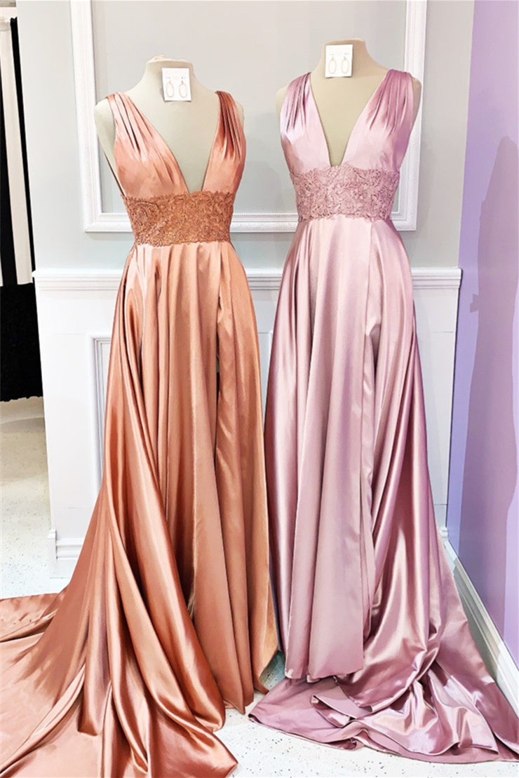 Dusty Pink Floral V Neck A-line Satin Long Prom Dress | Joyofdress Dusty Pink Floral V Neck A-line Satin Long Prom Dress | Joyofdress