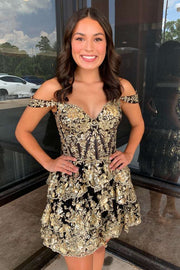 Gold Sweetheart Off-the shoulder Sequins Ruffle Homecoming Dress