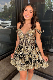 Gold Sweetheart Off-the shoulder Sequins Ruffle Homecoming Dress