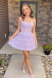 Tulle Beaded Strapless Tiered Short Homecoming Dress