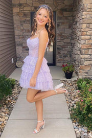 Tulle Beaded Strapless Tiered Short Homecoming Dress