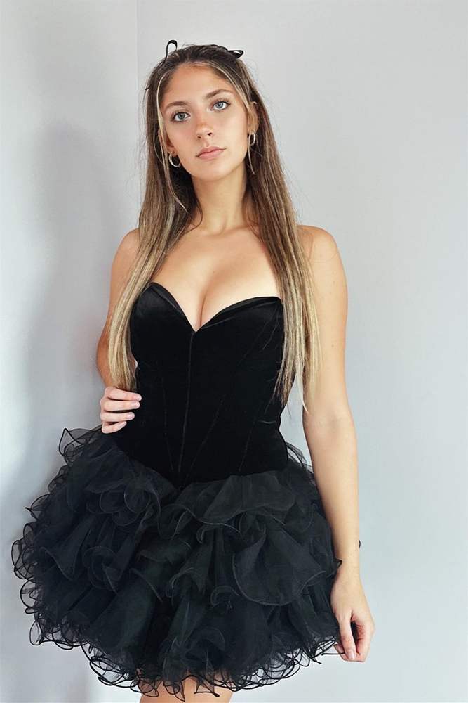 Black Strapless Velvet Corset Top and Ruffled Homecoming Dress