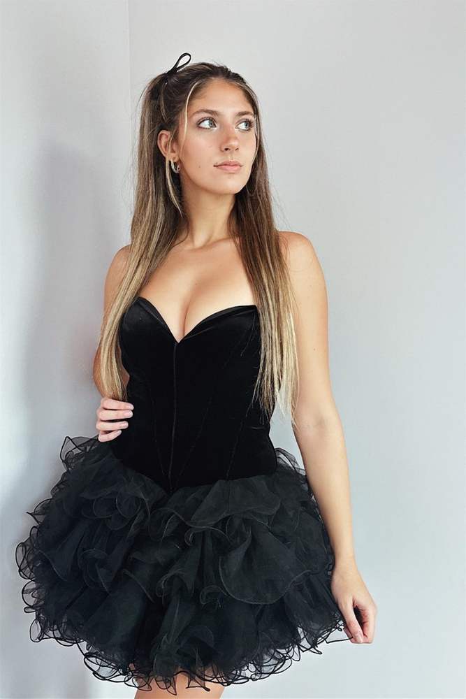 Black Strapless Velvet Corset Top and Ruffled Homecoming Dress