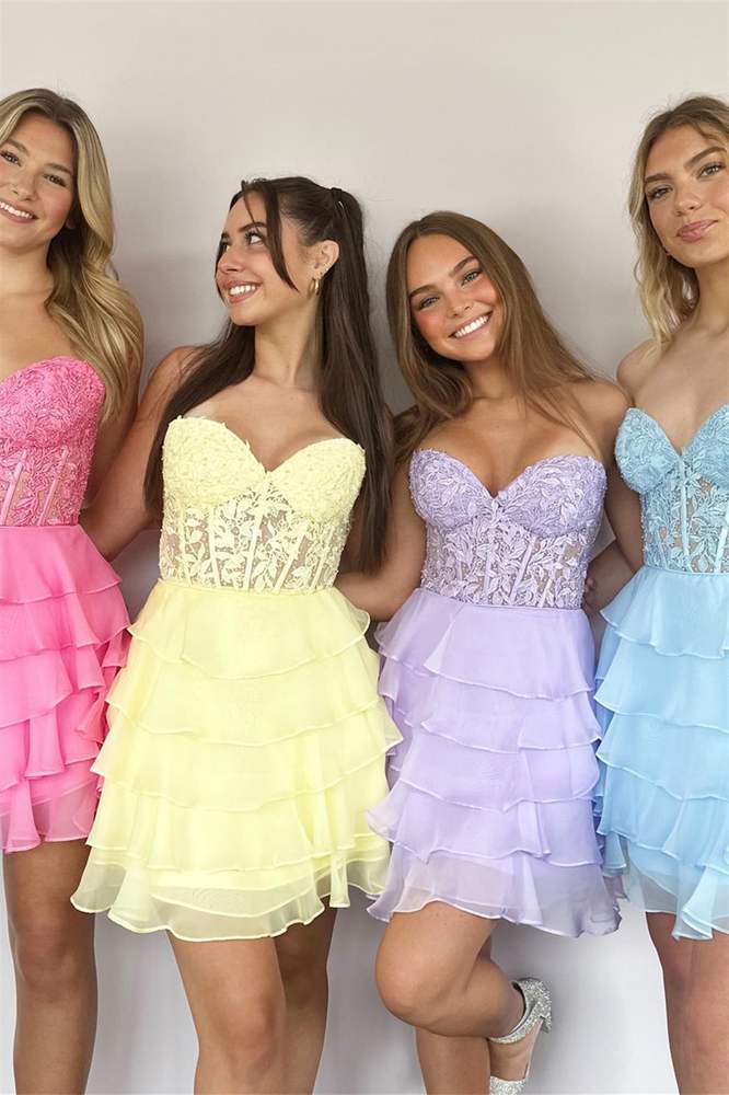 Strapless Blue Sheer Corset A-Line Ruffle Homecoming Dress