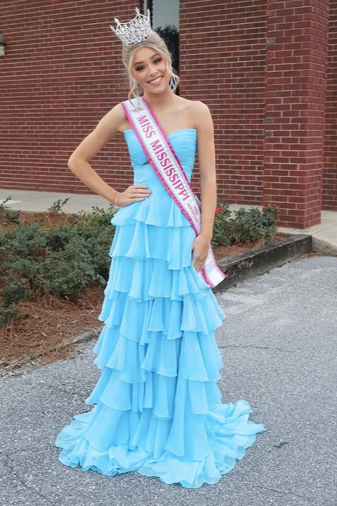 Strapless Chiffon Tiered A-Line Long Prom Dress With Side Slit