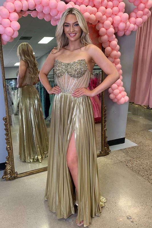 Bateau Strapless A-Line Sheer Empire Beaded Party Prom Dress