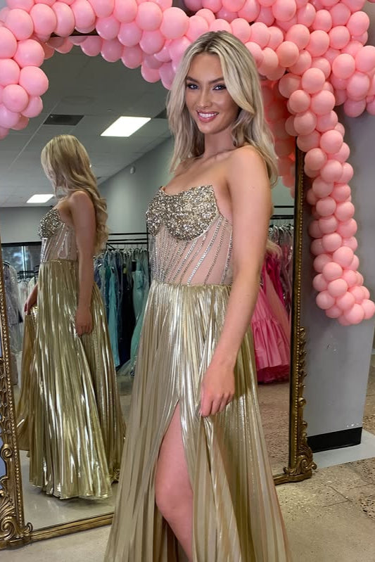 Bateau Strapless A-Line Sheer Empire Beaded Party Prom Dress