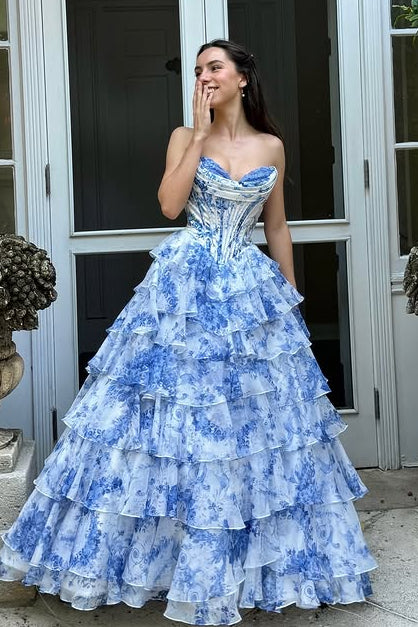 Sweetheart Strapless Empire A-Line Floral Tiered Party Prom Dress