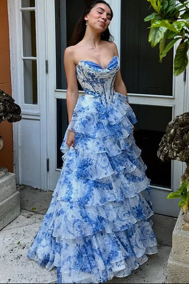 Sweetheart Strapless Empire A-Line Floral Tiered Party Prom Dress