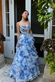 Sweetheart Strapless Empire A-Line Floral Tiered Party Prom Dress