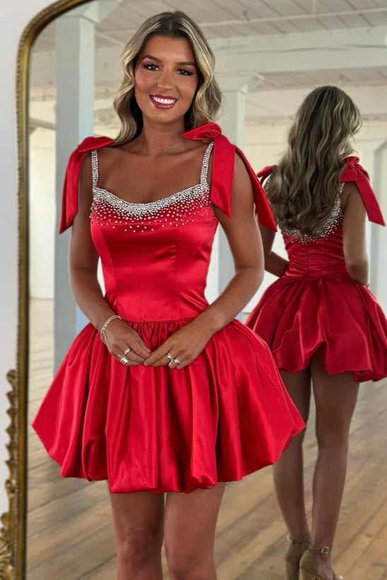 Bateau Bow Straps Satin A-Line Beaded Homecoming Dress