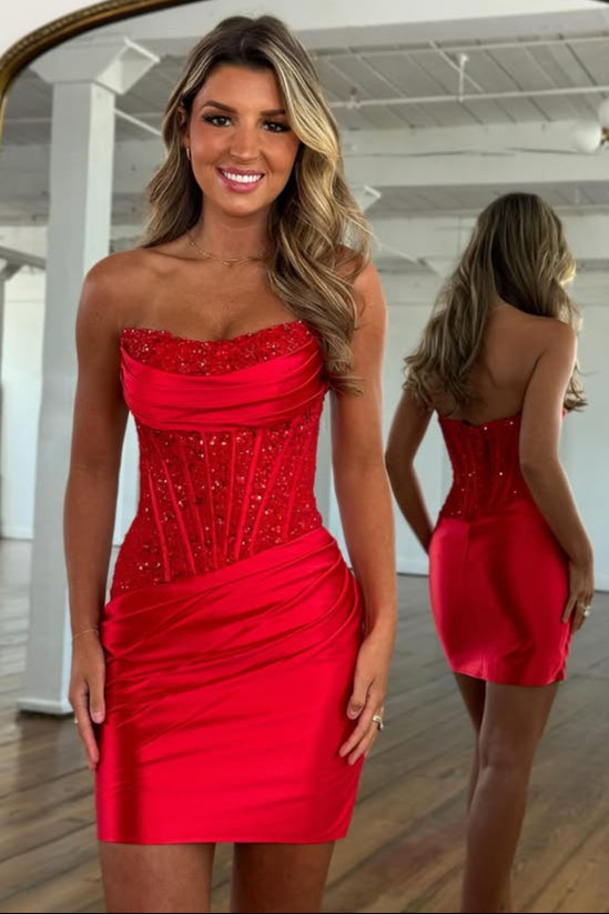 Two Tone Bodycon Strapless Pleated Empire Homecoming Dress