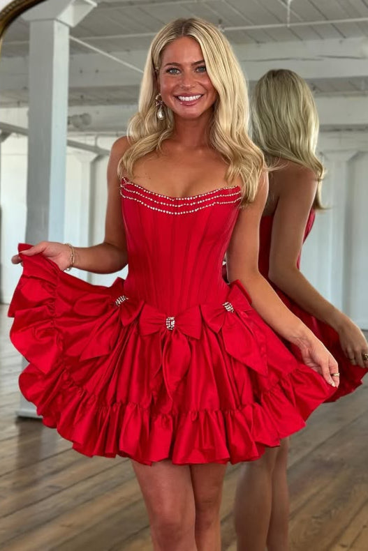 Cute Satin A-Line Bateau Strapless Beaded Homecoming Dress With Bows