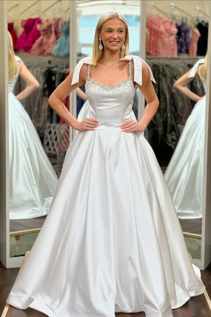 Beaded Bateau Straps A-Line Empire Long Party Prom Dress