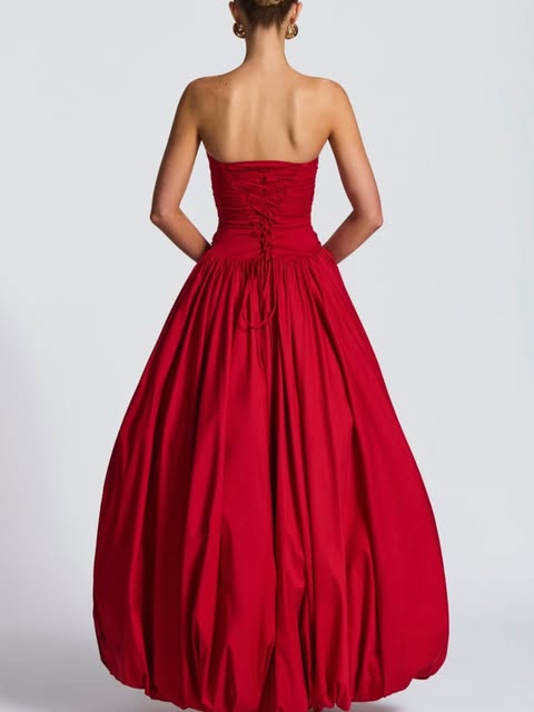 Satin A-Line Pleated Strapless Party Evening Dress With Slit