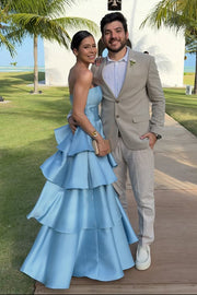 Elegant Strapless Satin A-Line Empire Tiered Party Prom Dress