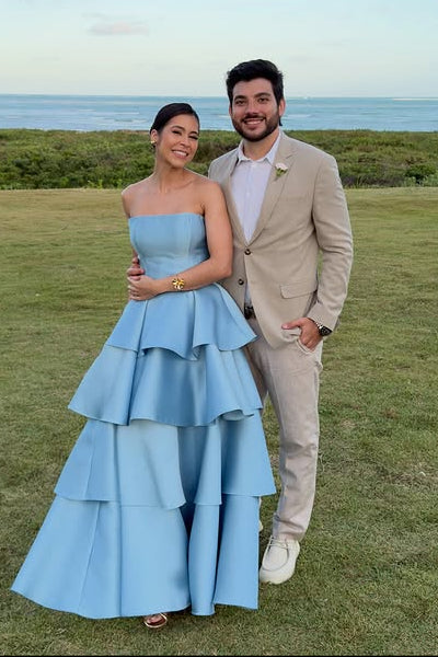 Elegant Strapless Satin A-Line Empire Tiered Party Prom Dress