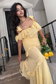 Low V-Neck Straps Chiffon Ruffle Long Party Prom Dress