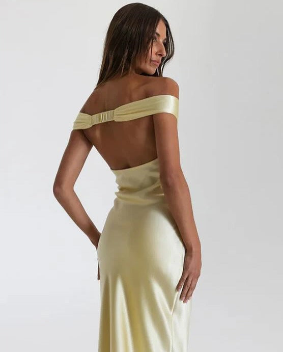 V-Neck Off-Shoulder Satin Fitted Long Party Prom Dress