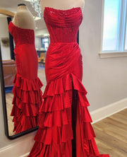 Bateau Strapless Appliques Tiered Formal Party Dress