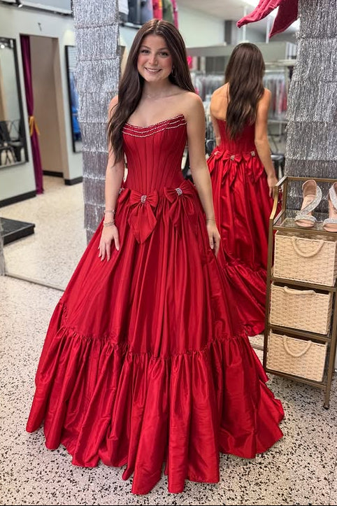 Satin A-Line Strapless Empire With Bows Prom Dress