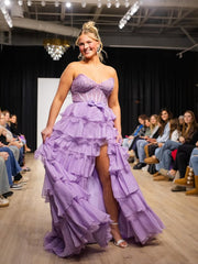 Sweetheart Strapless Empire Tiered Lace A-Line Prom Dress