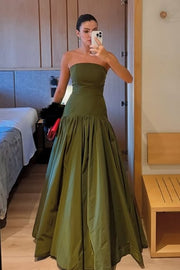 Chic Satin A-Line Strapless Long Party Prom Dress