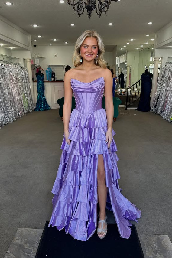 Pretty Pink A-Line Tiered Satin Party Prom Dress With Slit