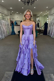 Pretty Pink A-Line Tiered Satin Party Prom Dress With Slit