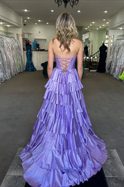 Pretty Pink A-Line Tiered Satin Party Prom Dress With Slit