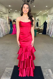 Satin Mermaid Strapless Empire Tiered Party Prom Dress With Train